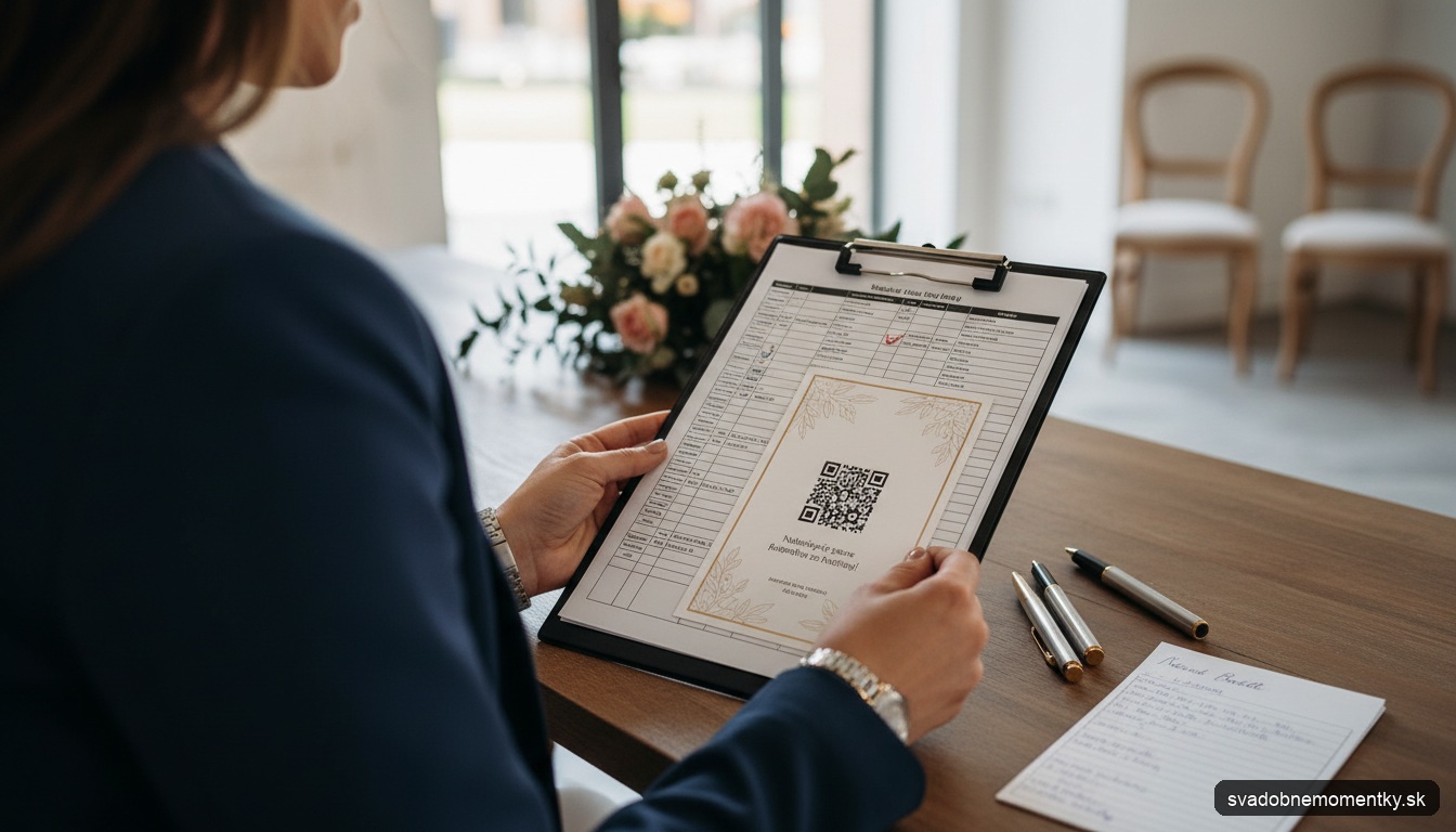 detail: ruky držia svadobnú pozvánku s QR kódom na nahrávanie fotografií z hostiny, na stole leží perá a malý svadobný r